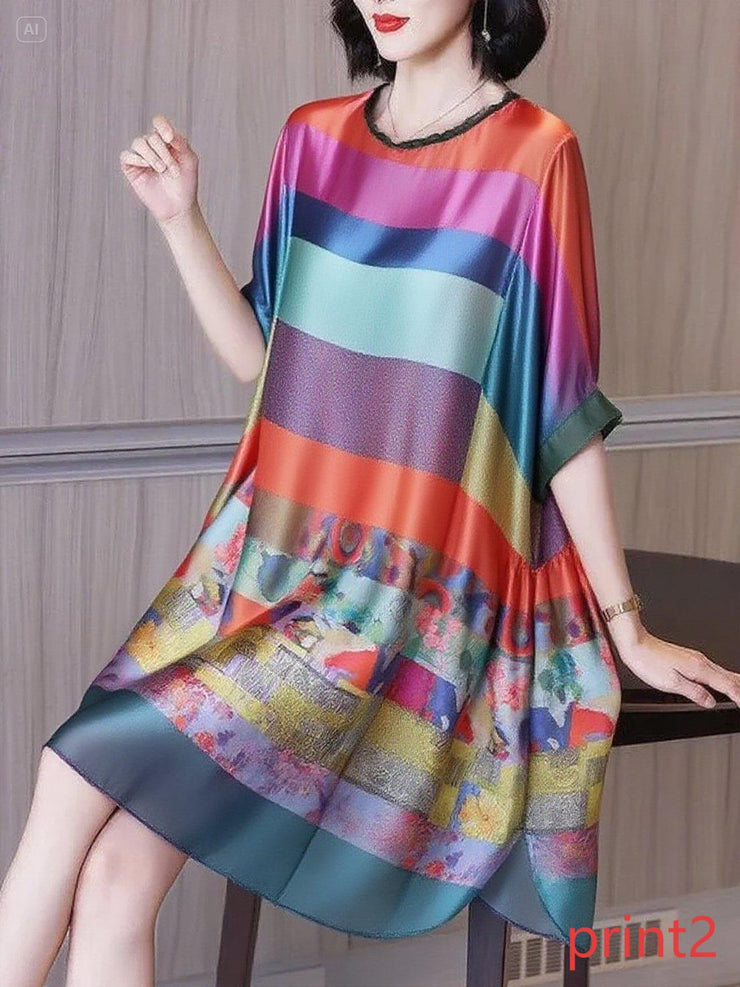 Fashion Ruffled Print1 Button Side Open Linen Vacation Dresses Half Sleeve
