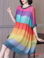 Fashion Ruffled Print1 Button Side Open Linen Vacation Dresses Half Sleeve