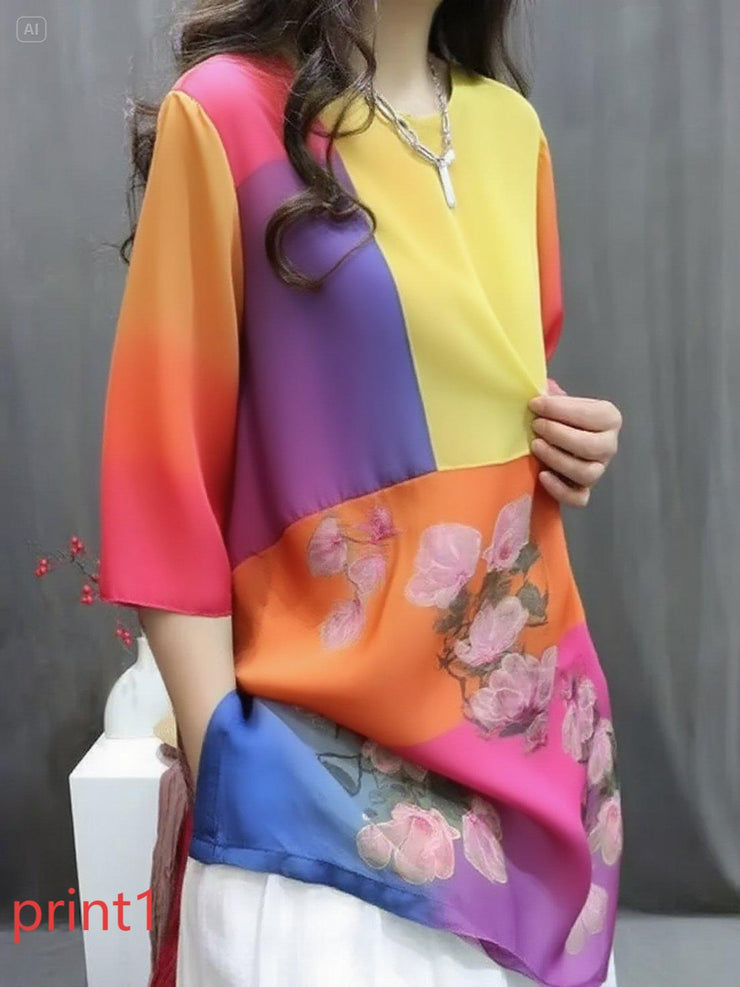 Handmade print1 O-Neck Print Button Top Summer