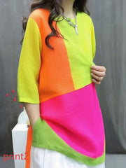 Handmade print1 O-Neck Print Button Top Summer