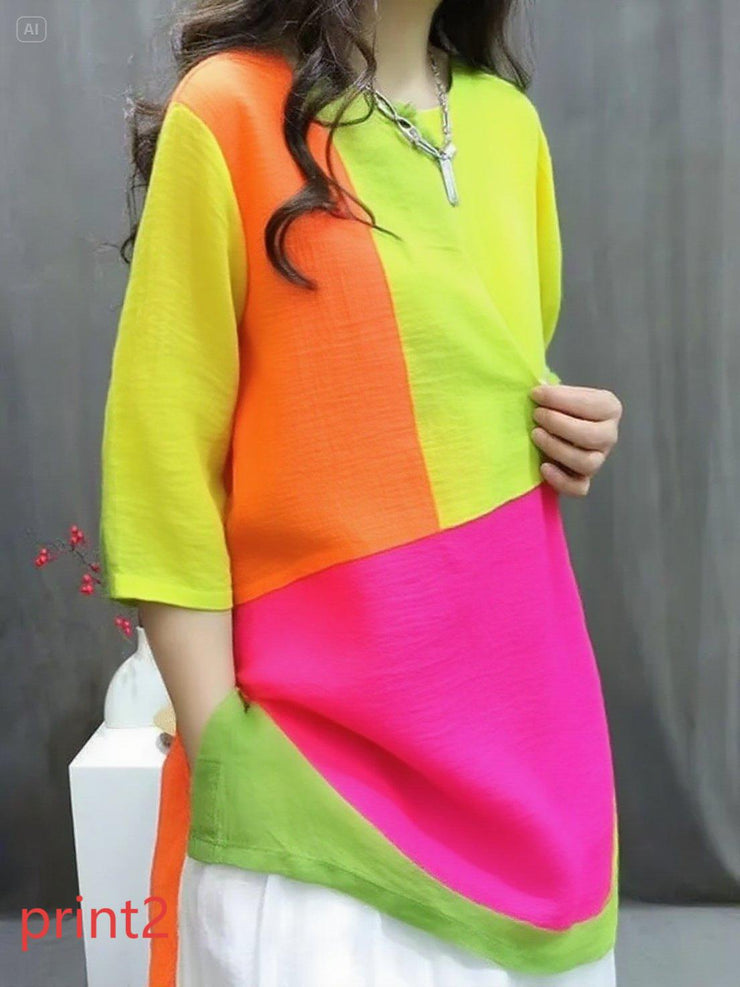 Handmade print1 O-Neck Print Button Top Summer