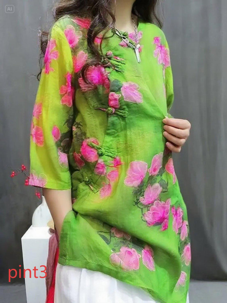 Handmade print1 O-Neck Print Button Top Summer
