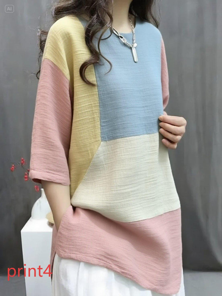 Handmade print1 O-Neck Print Button Top Summer