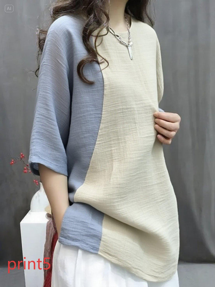 Handmade print1 O-Neck Print Button Top Summer