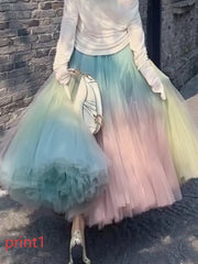 Elegant Print1 Wrinkled High Waist Tulle Skirt Spring