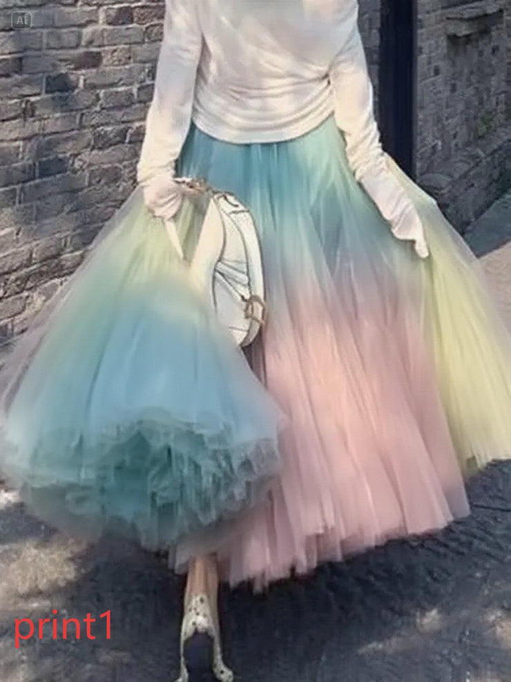 Elegant Print1 Wrinkled High Waist Tulle Skirt Spring