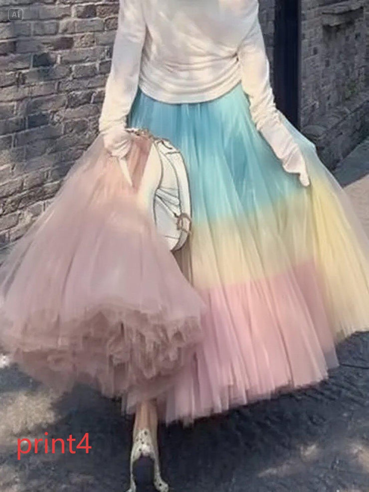 Elegant Print1 Wrinkled High Waist Tulle Skirt Spring