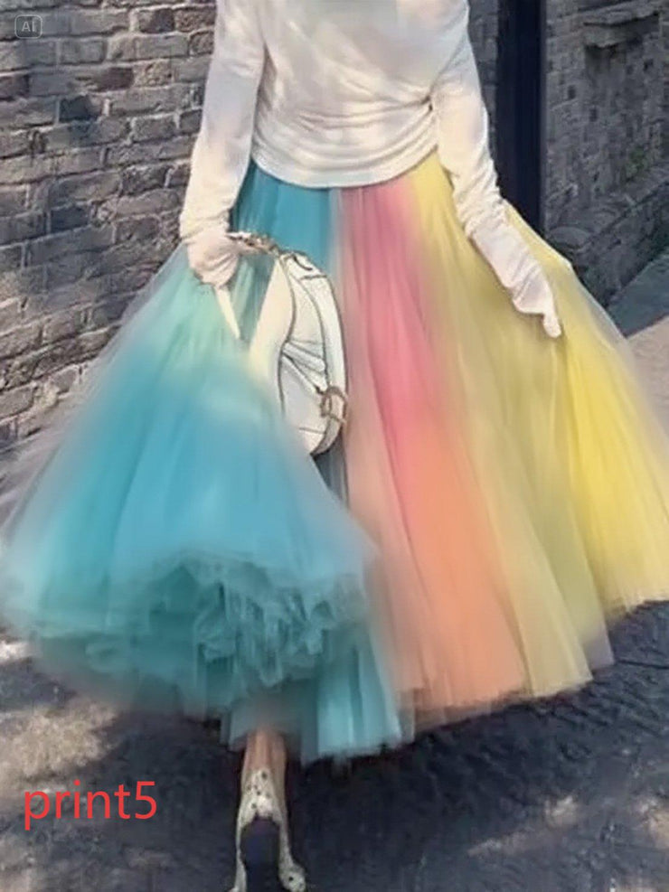 Elegant Print1 Wrinkled High Waist Tulle Skirt Spring