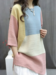 Handmade Gradient Color O-Neck Print Button Top Summer