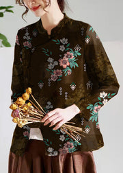 Vintage Brown flowers O-Neck Button Print Tops Long sleeve