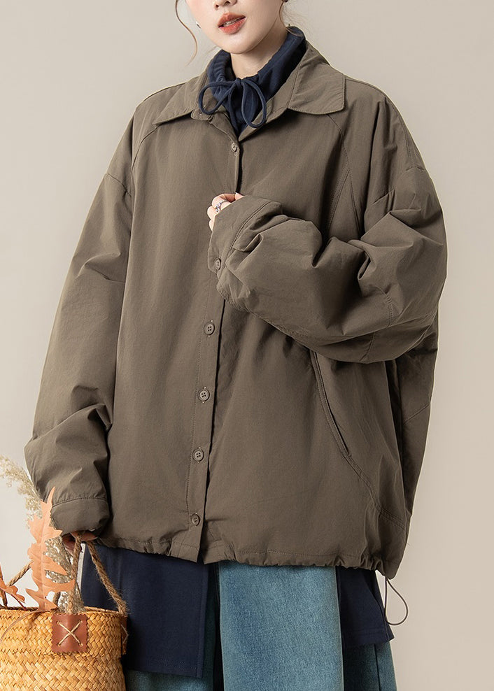 khaki Brown Button Drawstring Cotton Filled Coats Peter Pan Collar