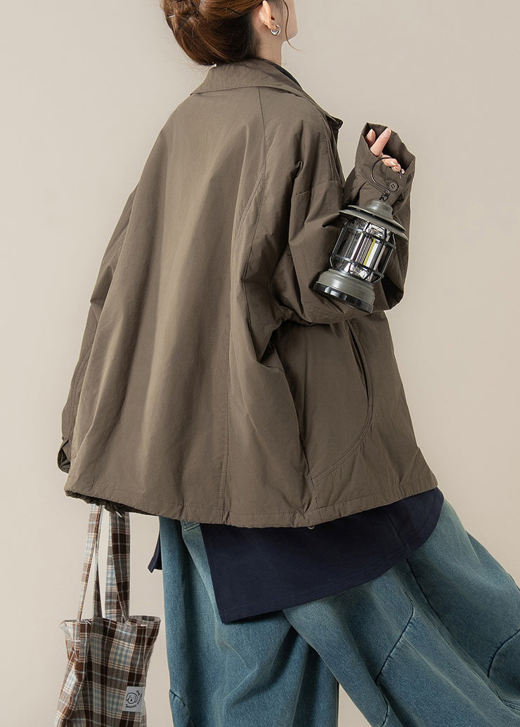 khaki Brown Button Drawstring Cotton Filled Coats Peter Pan Collar