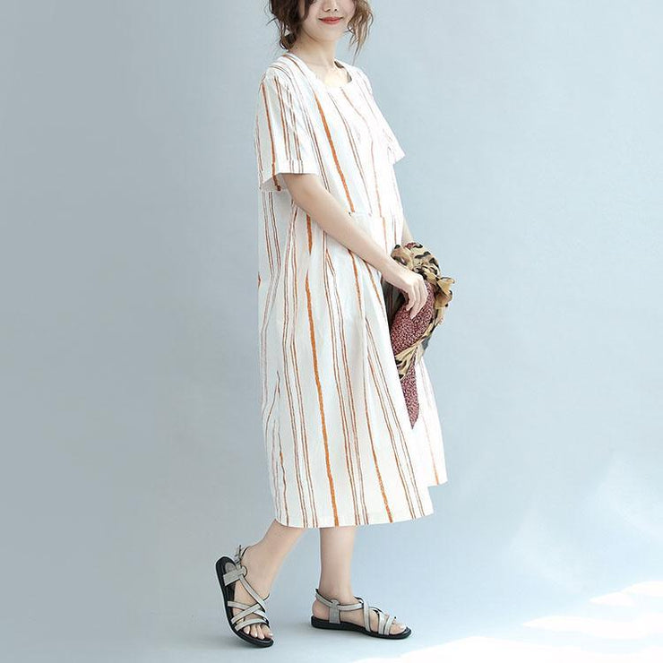 Pink Striped Patchwork Cotton Dresses Oversize Stylish Sundress Short Sleeve Maxi Dress