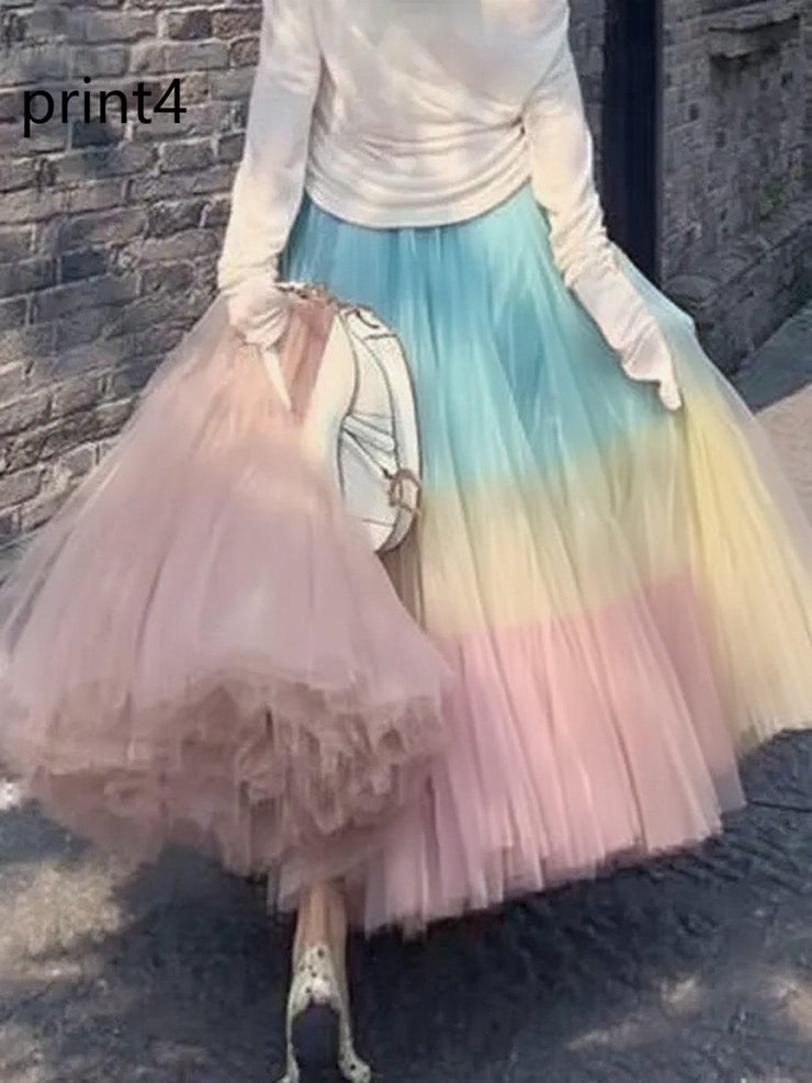 Elegant Print1 Wrinkled High Waist Tulle Skirt Spring