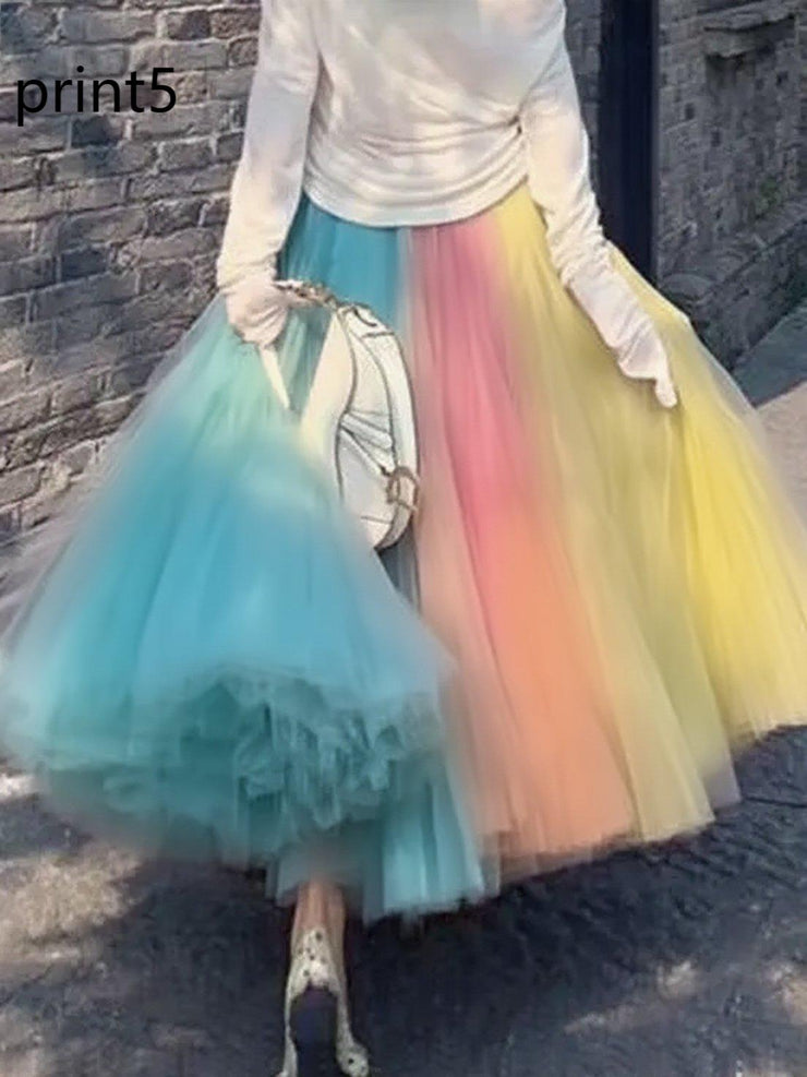 Elegant Print1 Wrinkled High Waist Tulle Skirt Spring