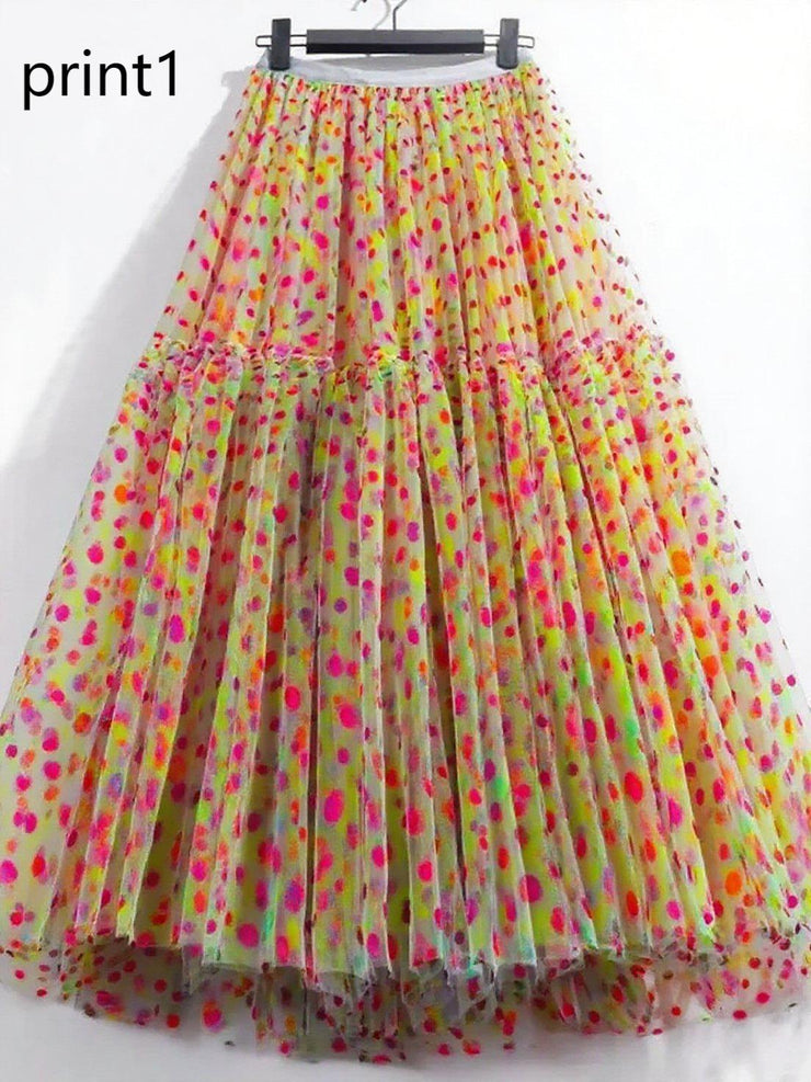 Print1 Patchwork Tulle Skirt Wrinkled Elastic Waist Spring