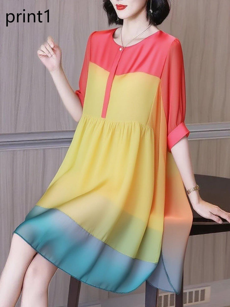 Fashion Ruffled Print3 Button Side Open Linen Vacation Dresses Half Sleeve