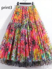 Print1 Patchwork Tulle Skirt Wrinkled Elastic Waist Spring