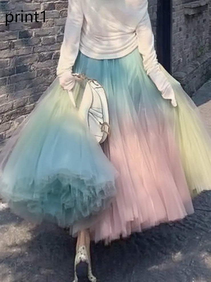Elegant Print1 Wrinkled High Waist Tulle Skirt Spring