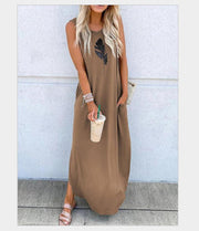 Printed sleeveless shift vest casual long dress - SooLinen