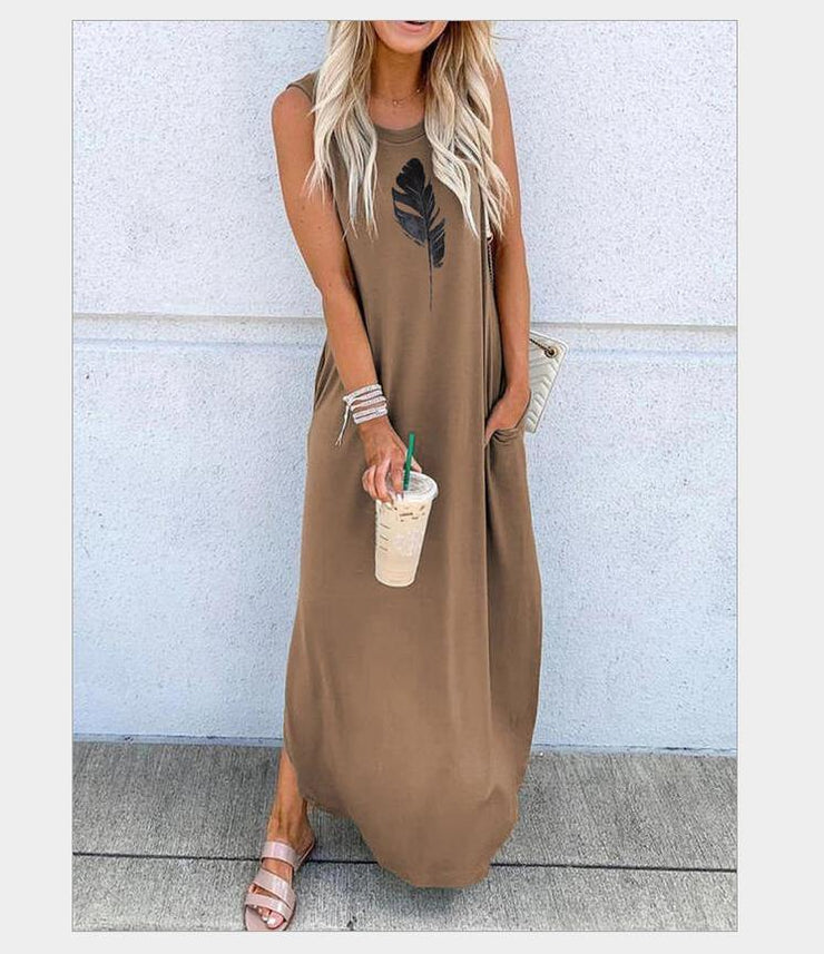 Printed sleeveless shift vest casual long dress - SooLinen