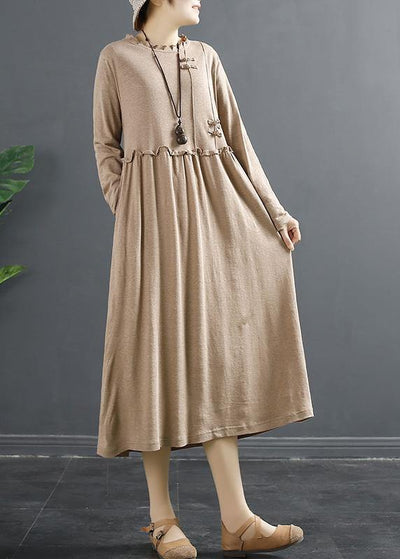 100% Ruffled Patchwork Clothes Pattern Khaki Maxi Dresses - SooLinen