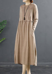 100% Ruffled Patchwork Clothes Pattern Khaki Maxi Dresses - SooLinen