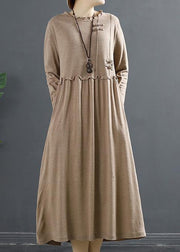 100% Ruffled Patchwork Clothes Pattern Khaki Maxi Dresses - SooLinen