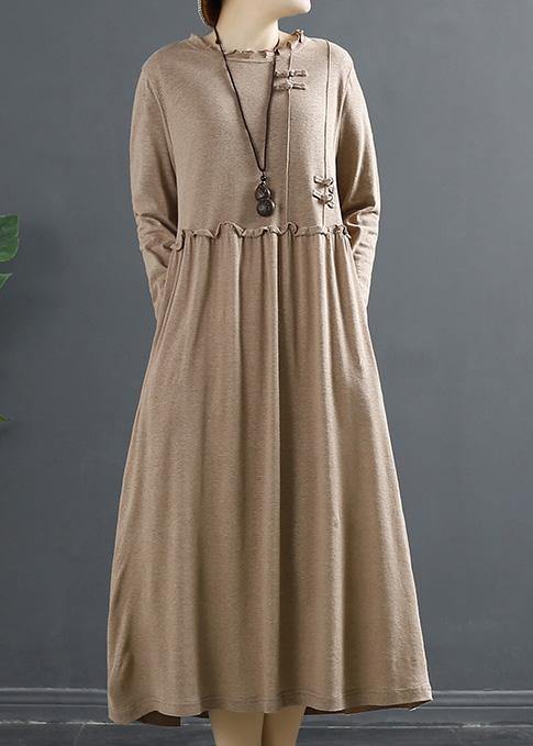 100% Ruffled Patchwork Clothes Pattern Khaki Maxi Dresses - SooLinen