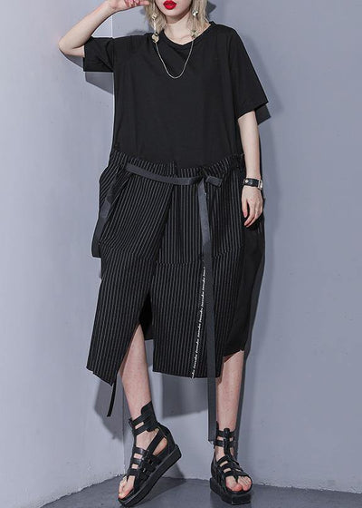 100% black Cotton 0patchwork striped Plus Size summer Dresses - SooLinen