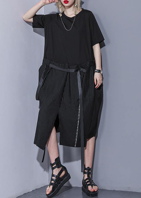 100% black Cotton 0patchwork striped Plus Size summer Dresses - SooLinen