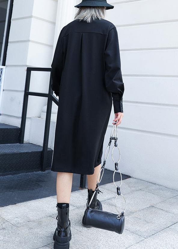 100% black Cotton tunic top stand collar Button cotton fall Dress - SooLinen