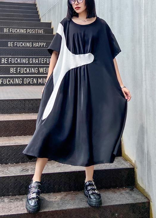 100% black Cinched dress o neck patchwork short Dress - SooLinen