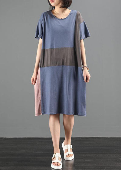 100% blue clothes o neck patchwork Plus Size summer Dresses - SooLinen