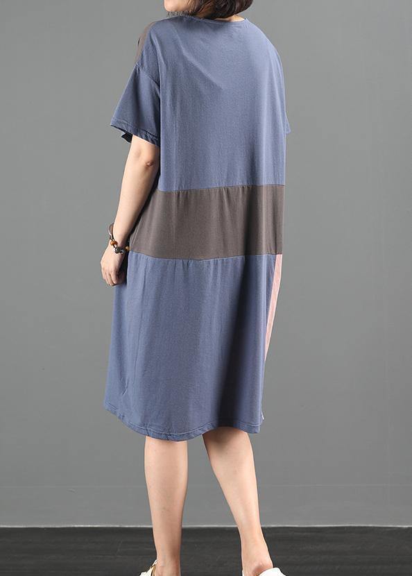 100% blue clothes o neck patchwork Plus Size summer Dresses - SooLinen