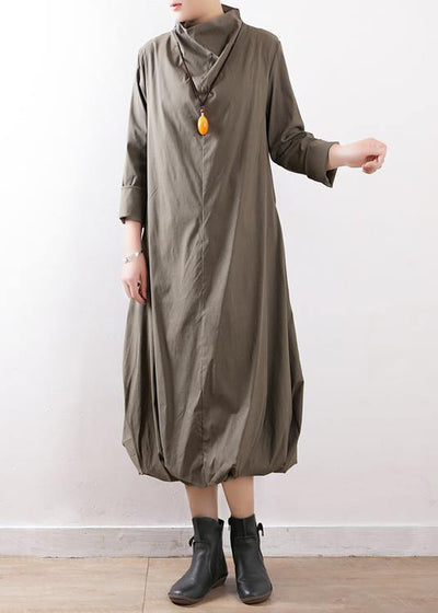 100% high neck asymmetric cotton dresses gray green Art Dress fall - SooLinen
