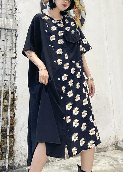 100% o neck asymmetric cotton clothes Shirts black print cotton robes Dress - SooLinen