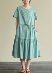 100% o neck drawstring cotton summerdresses Fabrics green Art Dresses - SooLinen