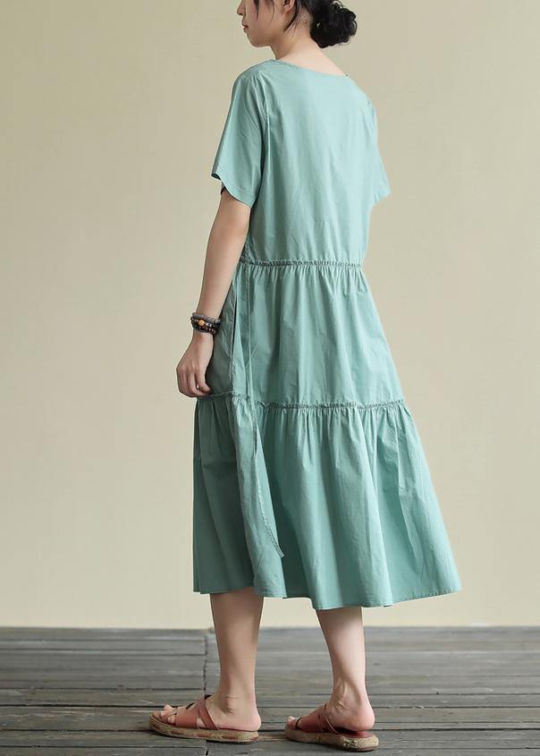 100% o neck drawstring cotton summerdresses Fabrics green Art Dresses - SooLinen