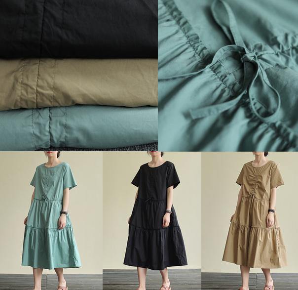 100% o neck drawstring cotton summerdresses Fabrics green Art Dresses - SooLinen