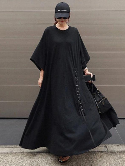 100% o neck large hem cotton clothes Fabrics black Dresses - SooLinen