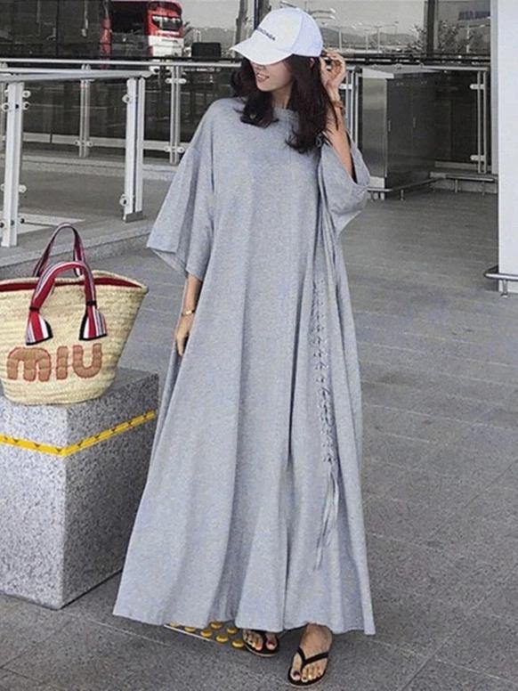 100% o neck large hem cotton clothes Fabrics black Dresses - SooLinen
