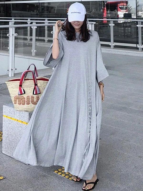 100% o neck large hem cotton clothes Fabrics black Dresses - SooLinen