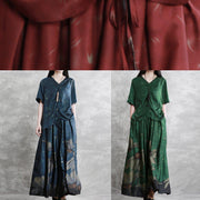 20 summer retro suit female green V-neck five-point sleeve shirt + big swing skirt pants - SooLinen