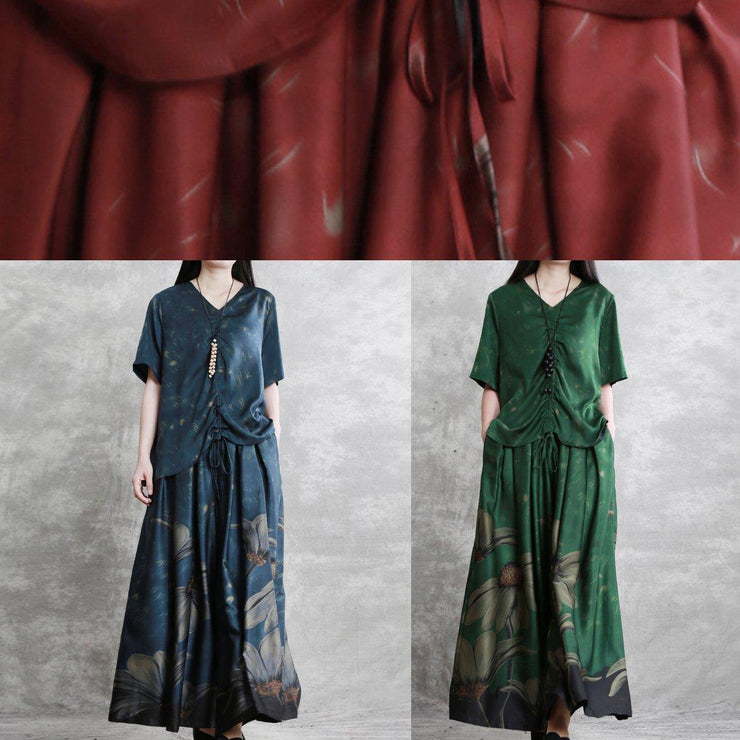 20 summer retro suit female green V-neck five-point sleeve shirt + big swing skirt pants - SooLinen