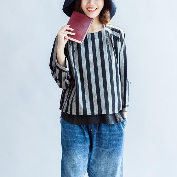2025 black gray striped linen tops plus size linen casual long sleeve t shirts