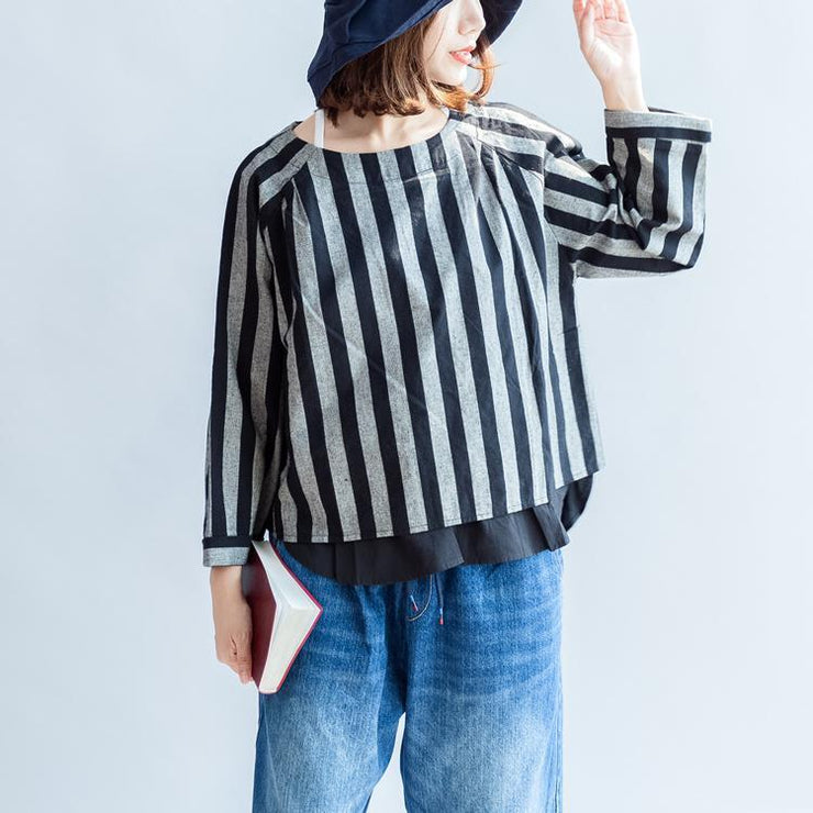 2025 black gray striped linen tops plus size linen casual long sleeve t shirts