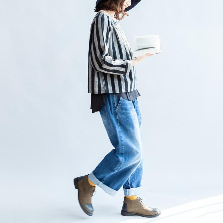 2025 black gray striped linen tops plus size linen casual long sleeve t shirts