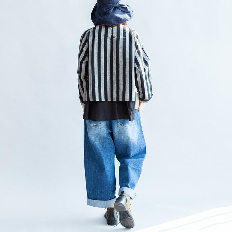 2025 black gray striped linen tops plus size linen casual long sleeve t shirts