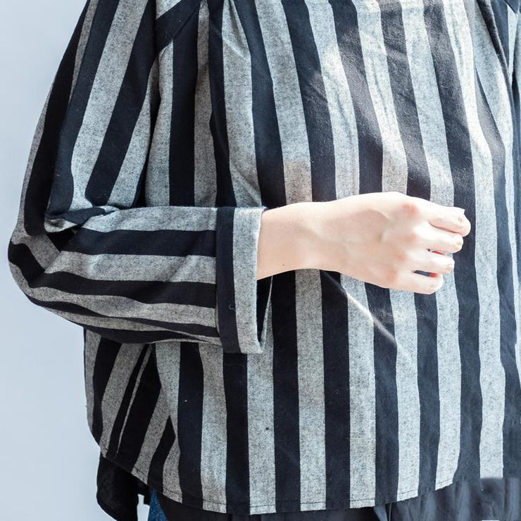 2025 black gray striped linen tops plus size linen casual long sleeve t shirts